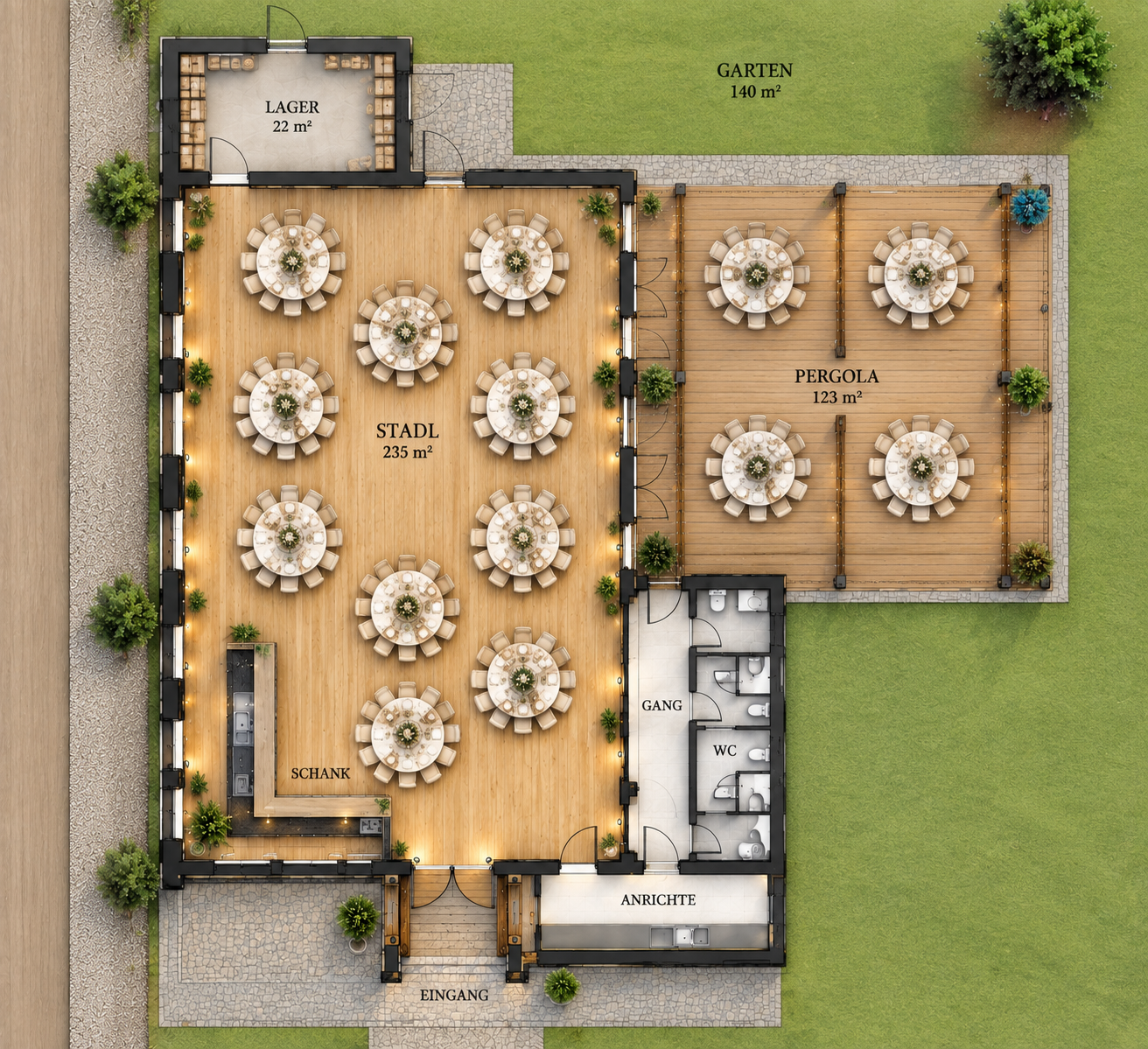 Architektonischer Grundriss mit runden Tischen